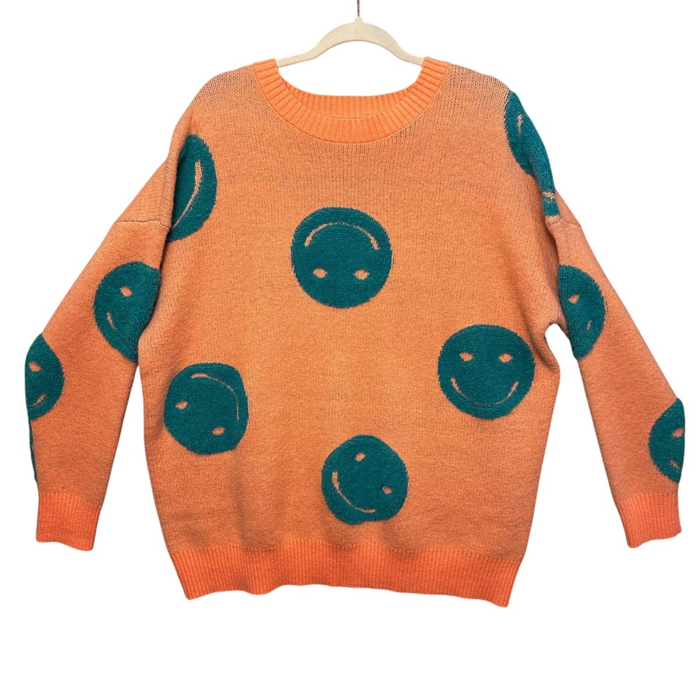Fantastic Fawn Smiley Face Sweater S Orange Teal Oversized Retro‎ Kidcore Street